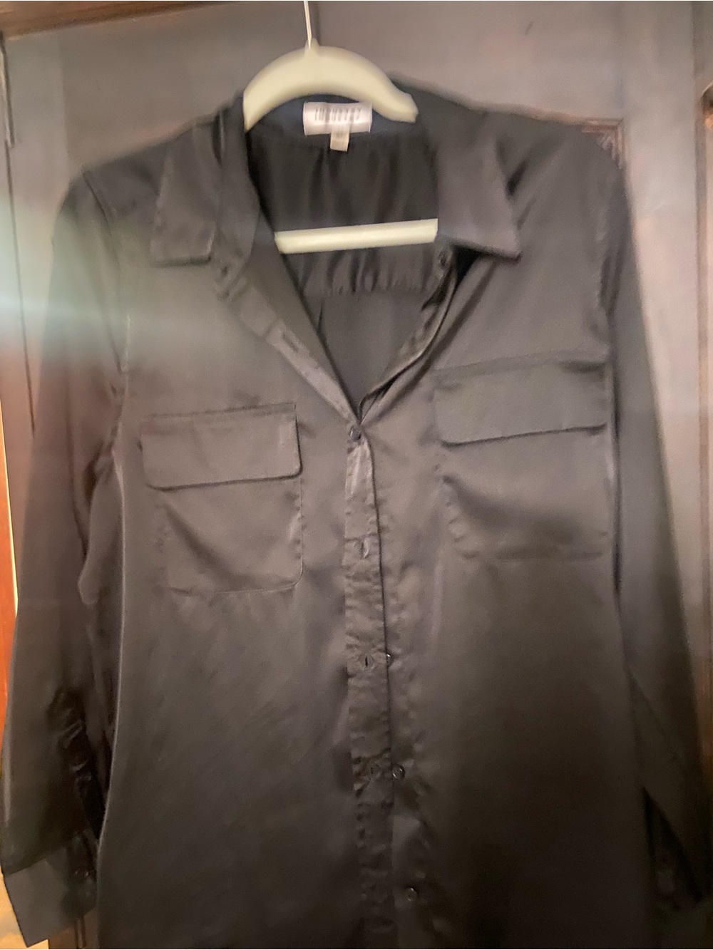 Women’s silky Black Casual Button-Down Shirt with Chest Flap Pockets